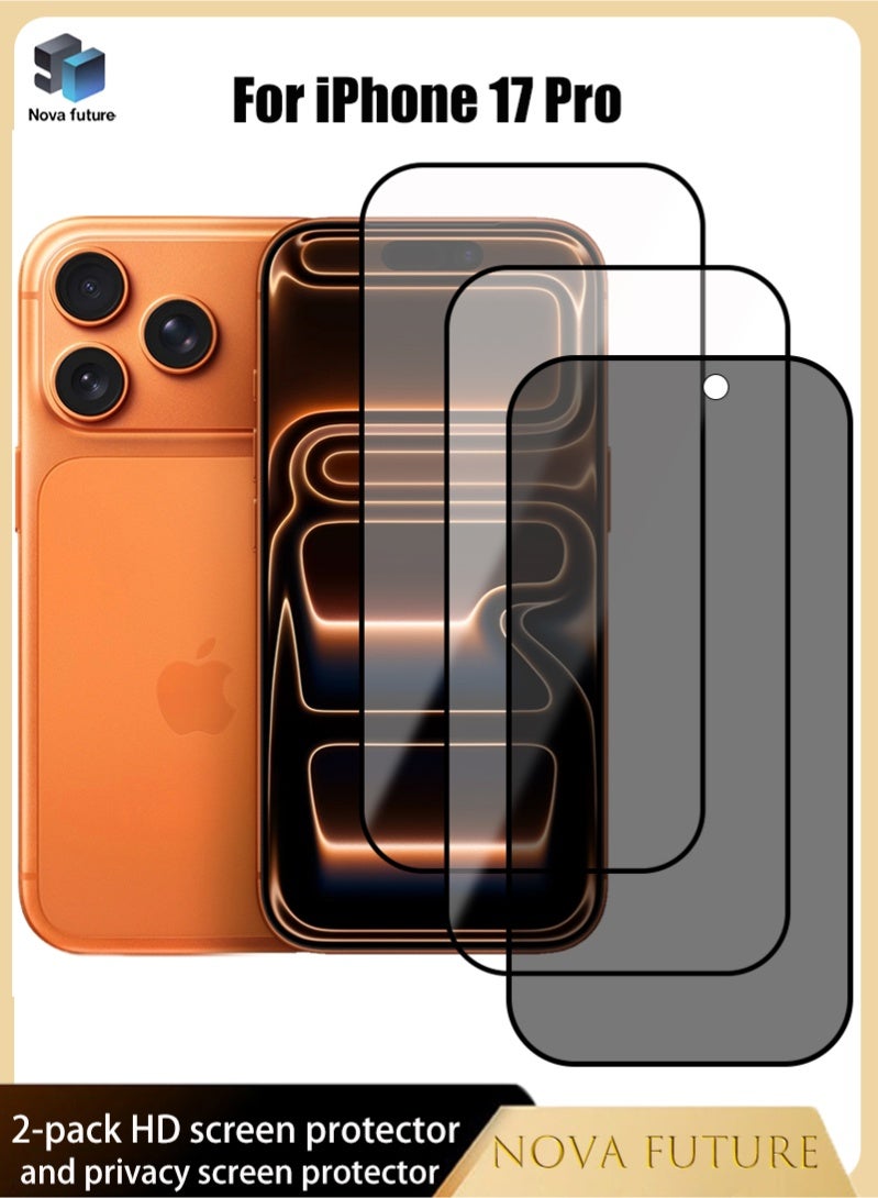 مستقبل نوفا تتضمن مجموعة الحماية 2+1 لهاتف Apple iPhone 17 Pro واقي شاشة واحد للخصوصية [صلابة 9H، زاوية خصوصية 28 درجة، مقاوم للخدش] + واقيين للشاشة عاليي الوضوح [شفافية عالية، لمسة حساسة، مقاوم للكسر، زوايا مستديرة]. - Image 1